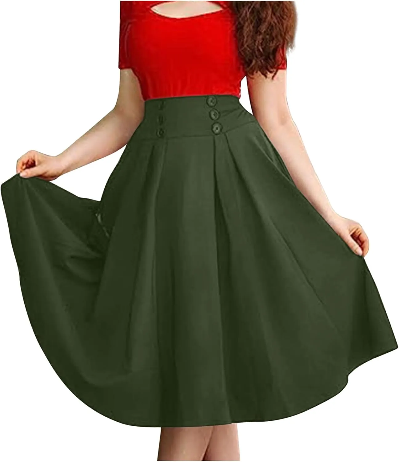 NATHGAM Womens Plaid Skirt Retro High Waist Pleated Skirt with Pockets Button Decoration Plus Size Skirt Victorian Midi Skirt