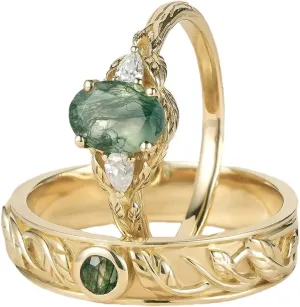 Natural Moss Agate Matching Rings for Couples - 1 Carat S925 10K 14K 18K Gold Wedding & Anniversary Rings - 2pcs