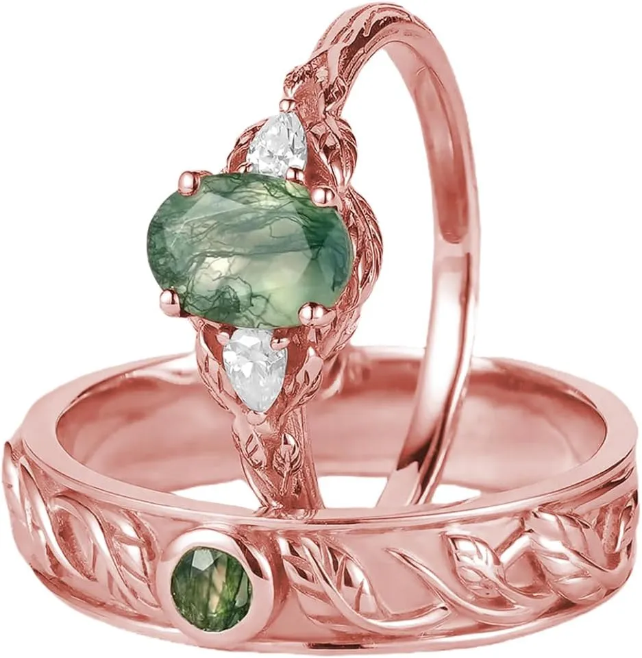 Natural Moss Agate Matching Rings for Couples - 1 Carat S925 10K 14K 18K Gold Wedding & Anniversary Rings - 2pcs