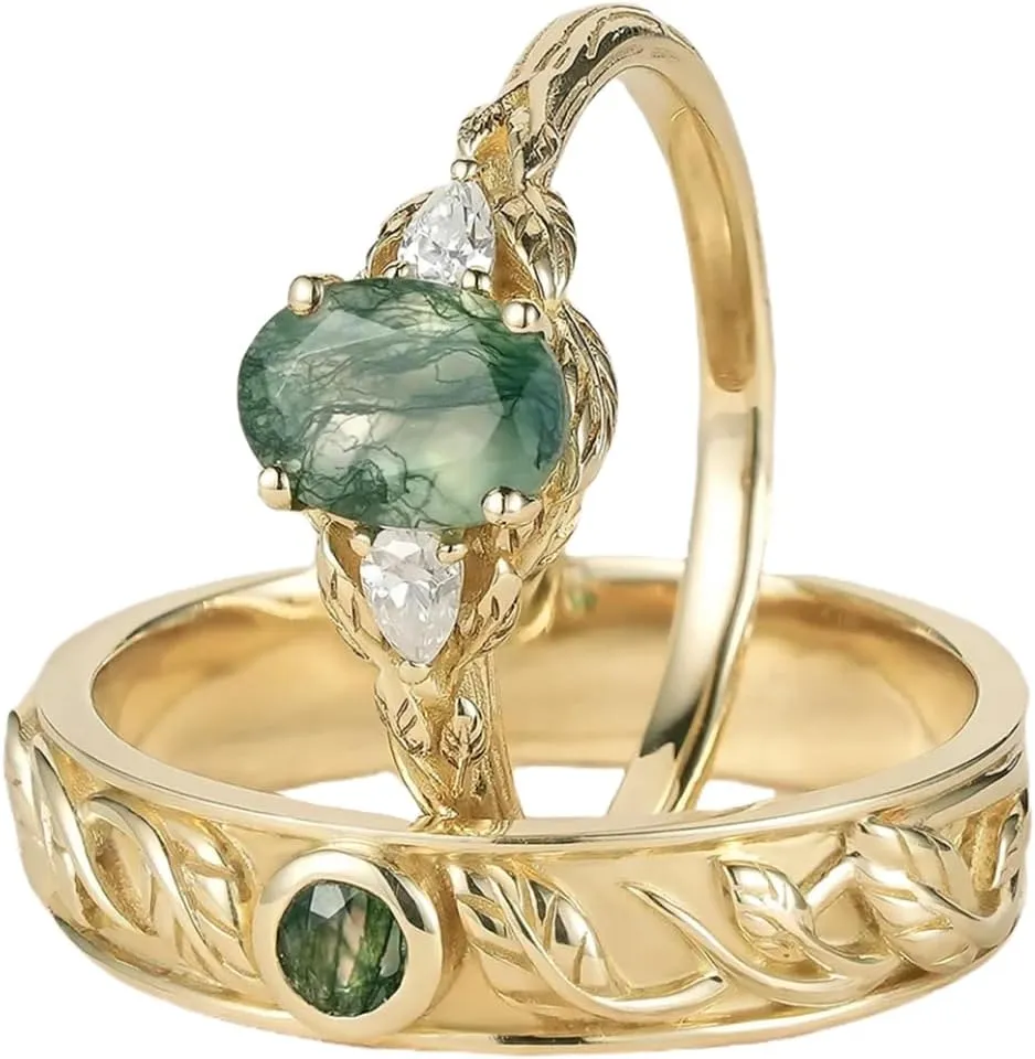 Natural Moss Agate Matching Rings for Couples - 1 Carat S925 10K 14K 18K Gold Wedding & Anniversary Rings - 2pcs
