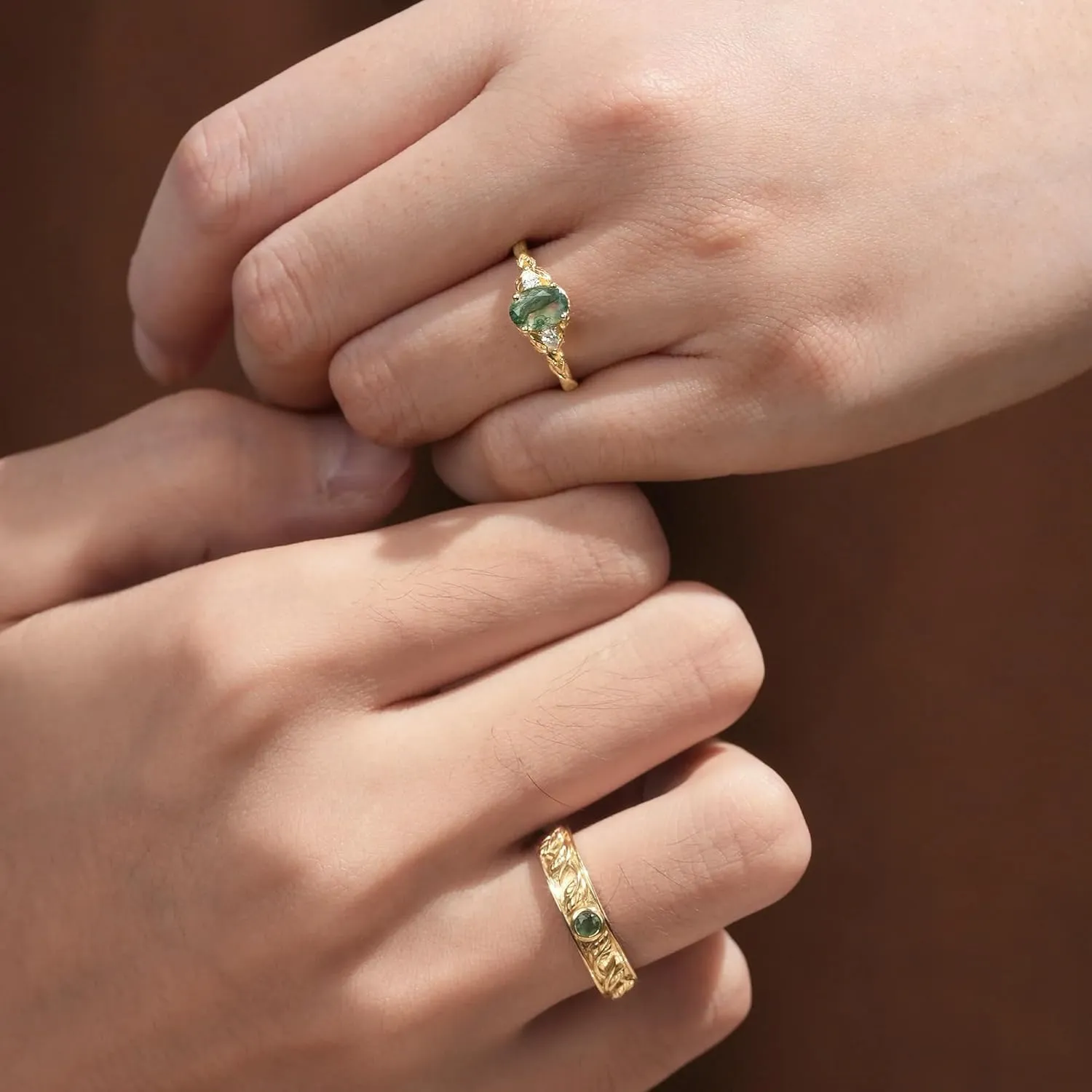 Natural Moss Agate Matching Rings for Couples - 1 Carat S925 10K 14K 18K Gold Wedding & Anniversary Rings - 2pcs