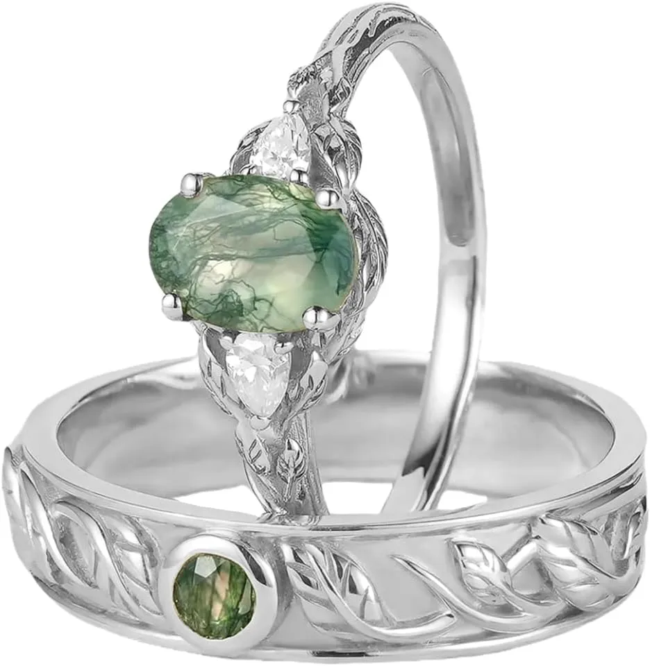 Natural Moss Agate Matching Rings for Couples - 1 Carat S925 10K 14K 18K Gold Wedding & Anniversary Rings - 2pcs