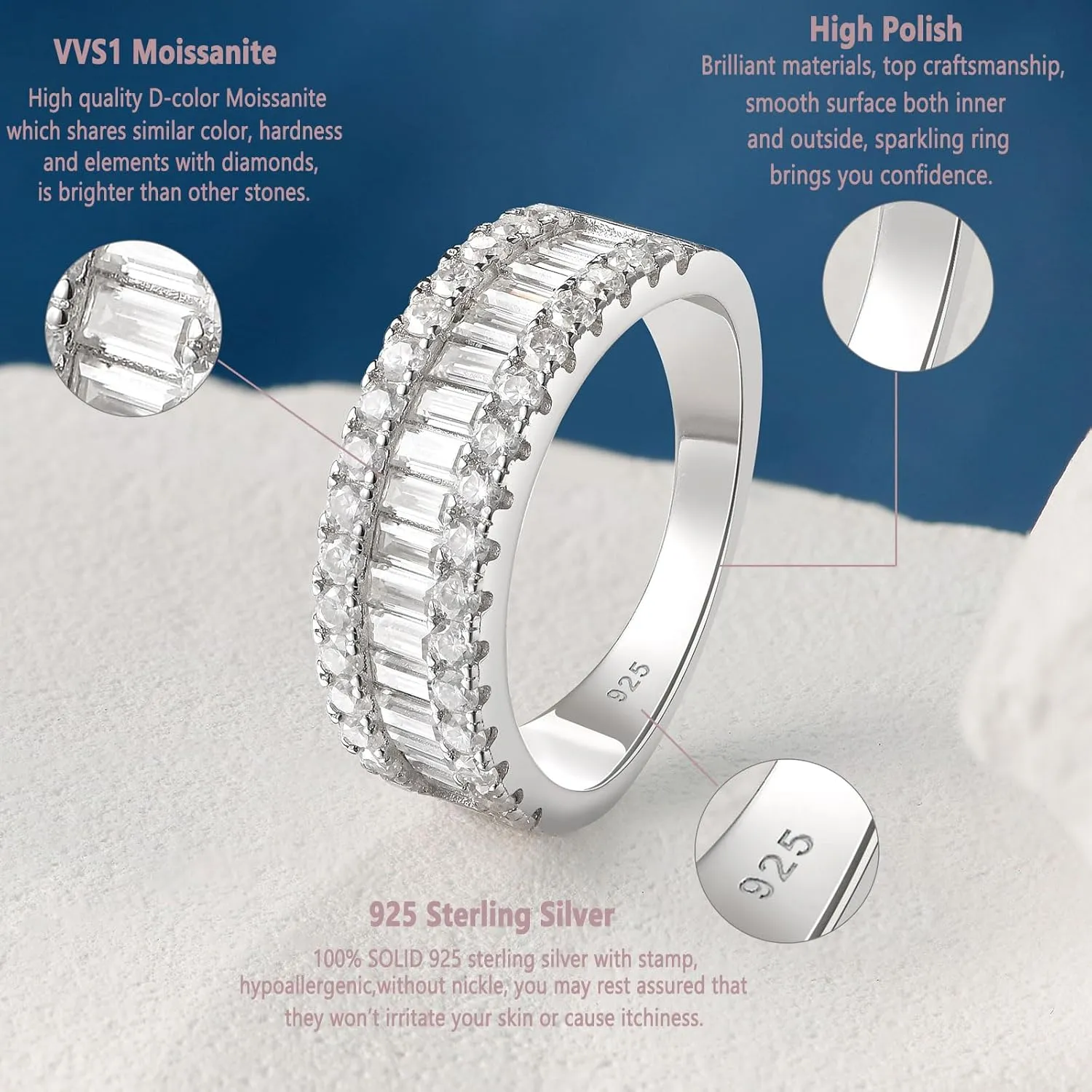 Newshe Jewellery Moissanite Wedding Bands for Women 925 Sterling Silver Eternity Rings Emerald Promise Engagement Size 5-10