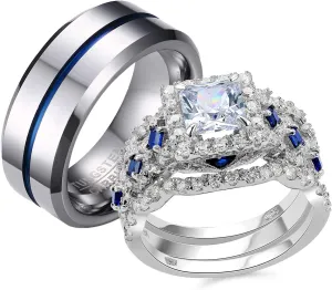 Newshe Jewellery Wedding Rings for Him and Her AAAAA Cz Women Sets Mens Tungsten Bands 925 Sterling Silver Couple Sz 5-13