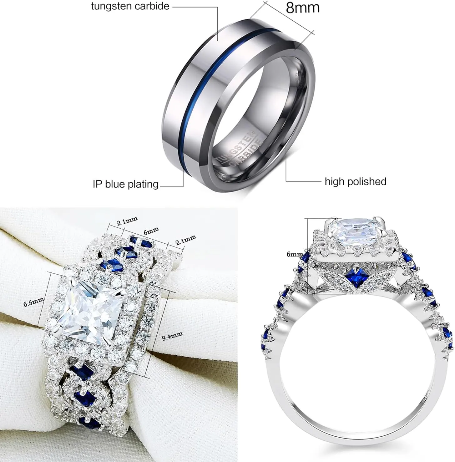 Newshe Jewellery Wedding Rings for Him and Her AAAAA Cz Women Sets Mens Tungsten Bands 925 Sterling Silver Couple Sz 5-13
