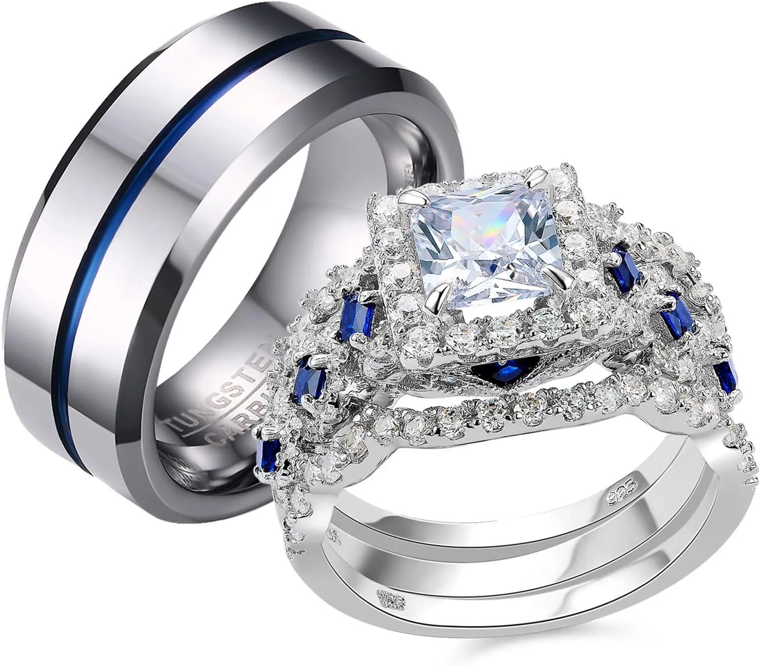 Newshe Jewellery Wedding Rings for Him and Her AAAAA Cz Women Sets Mens Tungsten Bands 925 Sterling Silver Couple Sz 5-13
