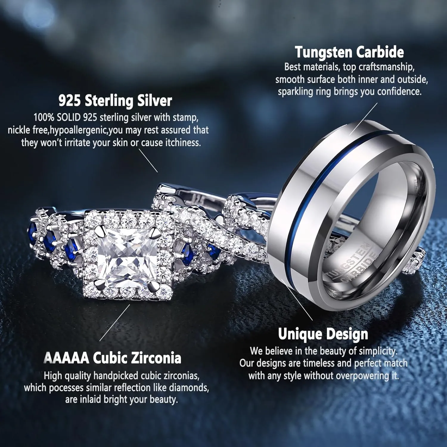 Newshe Jewellery Wedding Rings for Him and Her AAAAA Cz Women Sets Mens Tungsten Bands 925 Sterling Silver Couple Sz 5-13