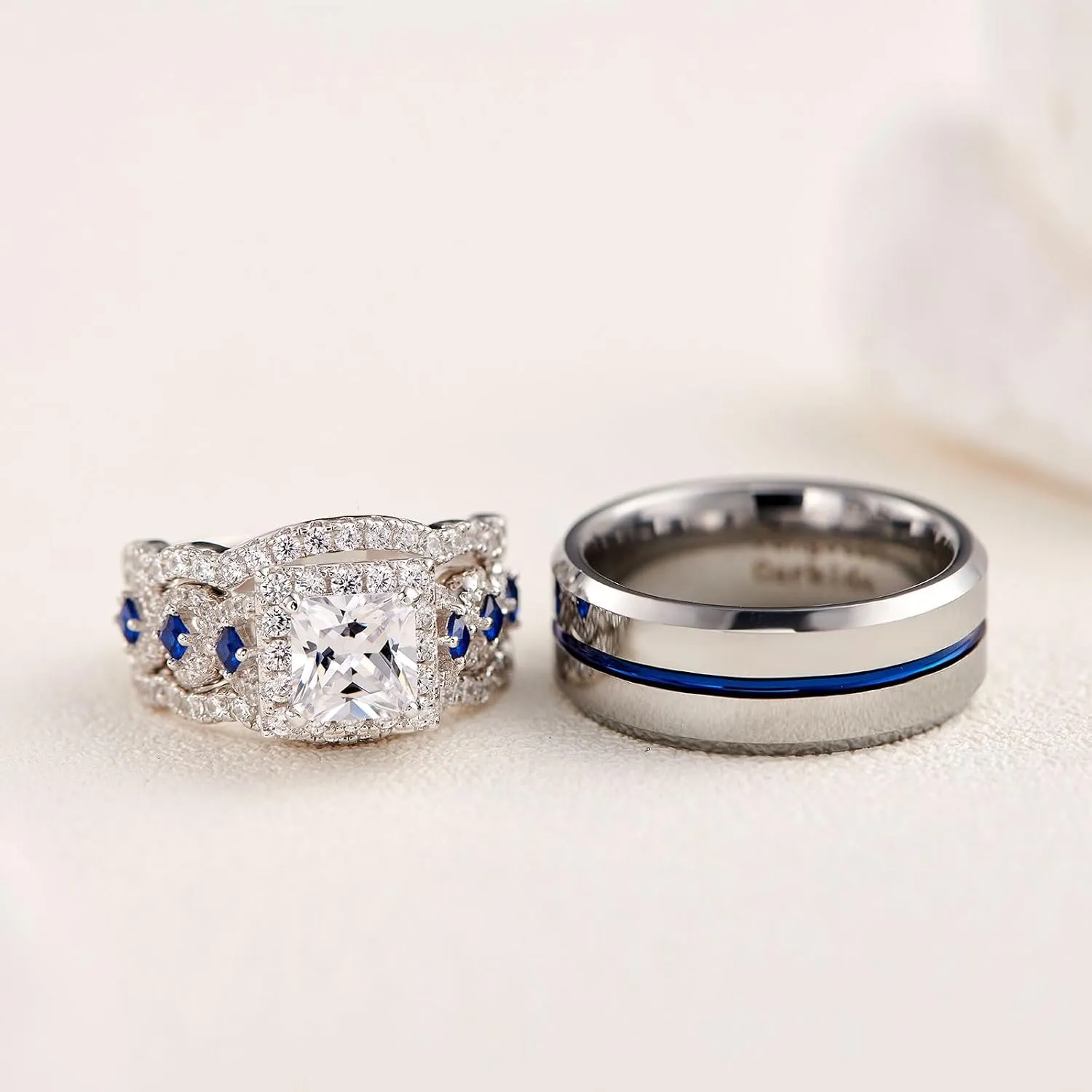 Newshe Jewellery Wedding Rings for Him and Her AAAAA Cz Women Sets Mens Tungsten Bands 925 Sterling Silver Couple Sz 5-13