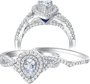 Newshe Jewellery Wedding Rings for Women Engagement Ring Sets AAAAA Cz 925 Sterling Silver 1.7Ct Pear Teardrop Size 4-13