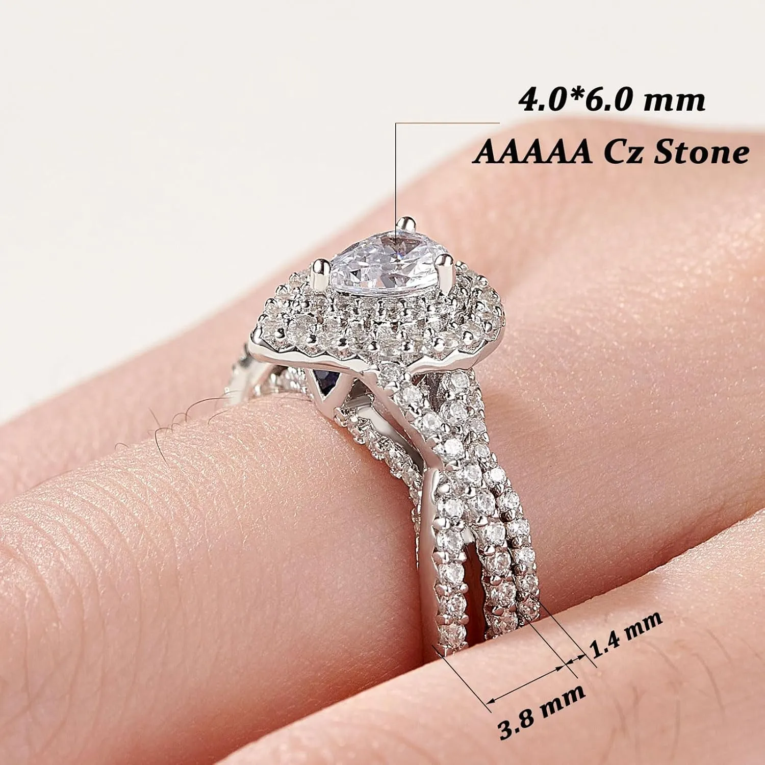Newshe Jewellery Wedding Rings for Women Engagement Ring Sets AAAAA Cz 925 Sterling Silver 1.7Ct Pear Teardrop Size 4-13