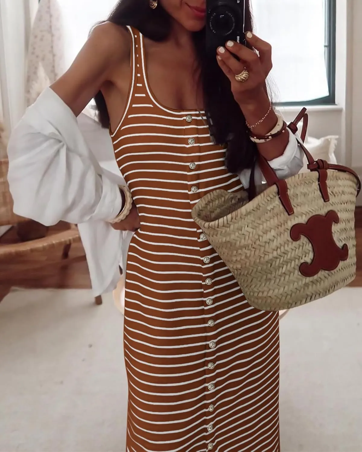 NOLLSOM Women Casual Sleeveless Striped Tank Midi Dresses Spring U Neck Bodycon Dresses T Shirt Summer Dress