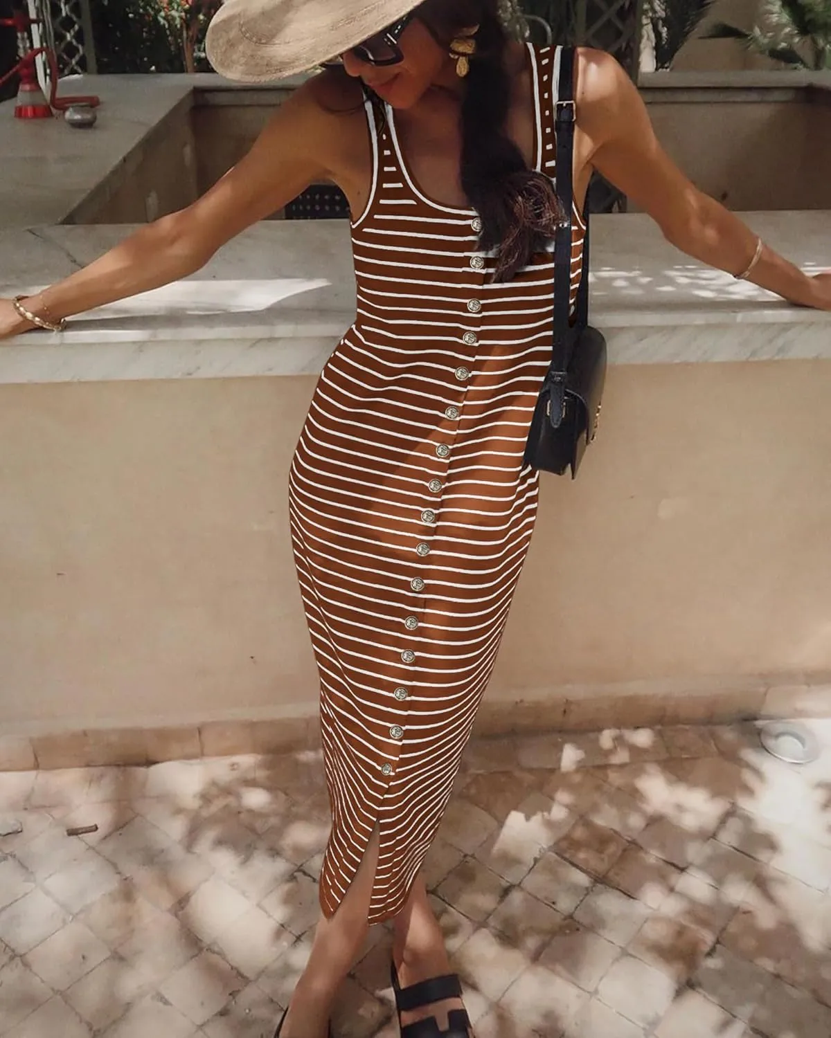 NOLLSOM Women Casual Sleeveless Striped Tank Midi Dresses Spring U Neck Bodycon Dresses T Shirt Summer Dress