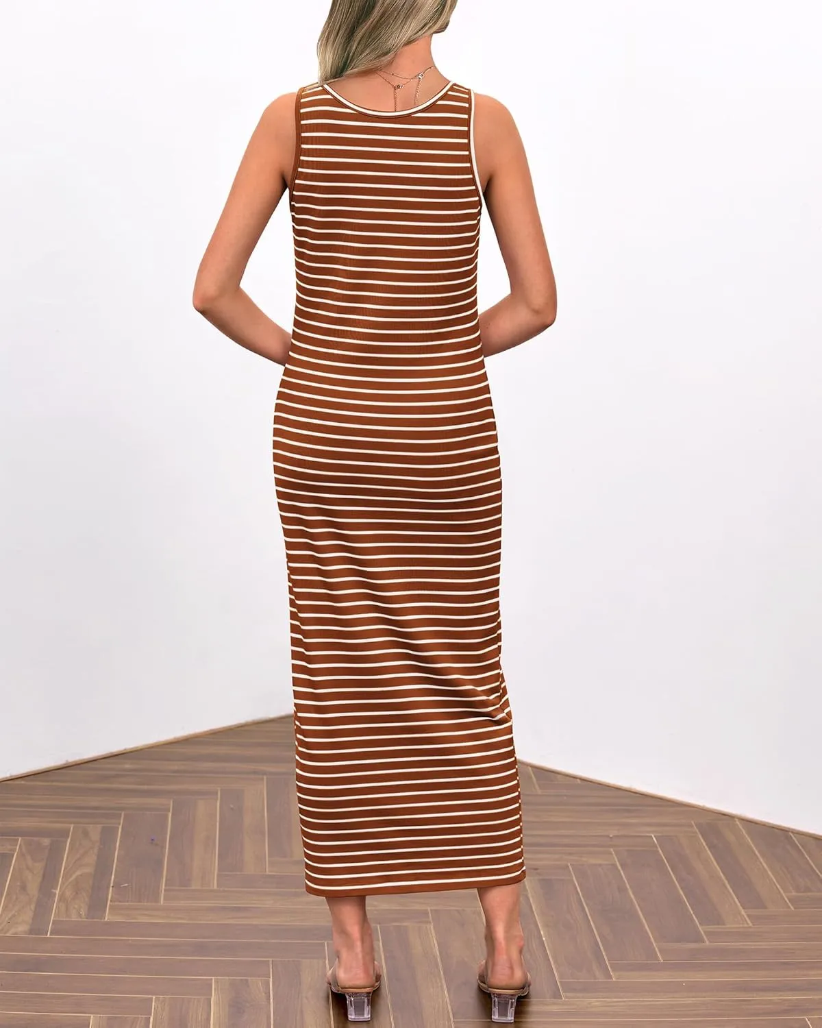 NOLLSOM Women Casual Sleeveless Striped Tank Midi Dresses Spring U Neck Bodycon Dresses T Shirt Summer Dress