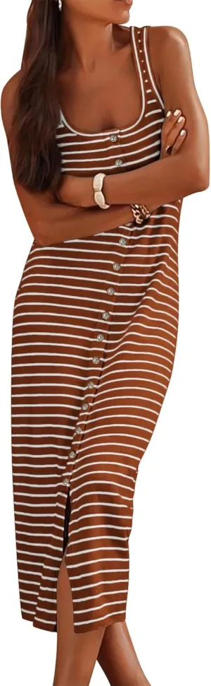 NOLLSOM Women Casual Sleeveless Striped Tank Midi Dresses Spring U Neck Bodycon Dresses T Shirt Summer Dress