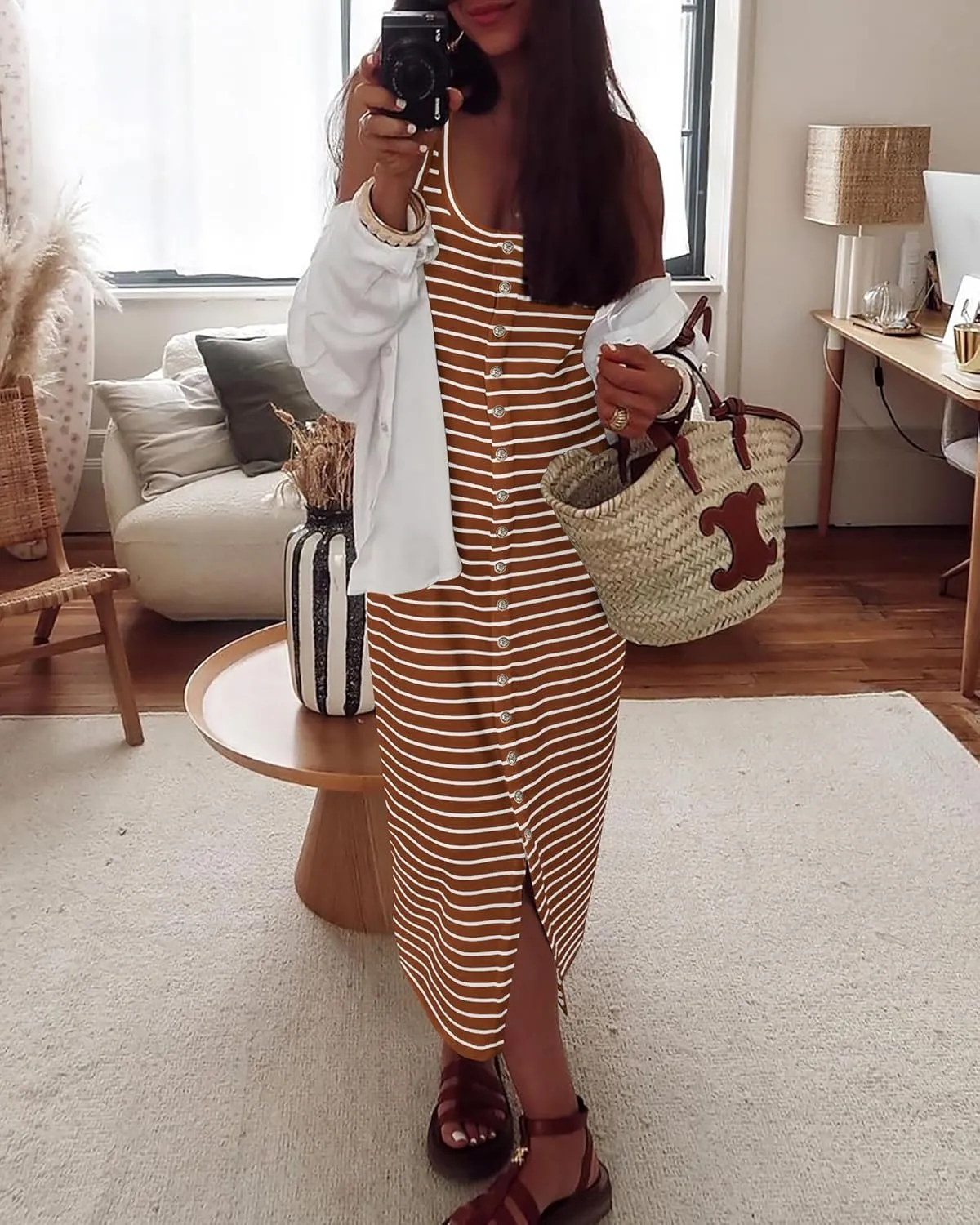 NOLLSOM Women Casual Sleeveless Striped Tank Midi Dresses Spring U Neck Bodycon Dresses T Shirt Summer Dress