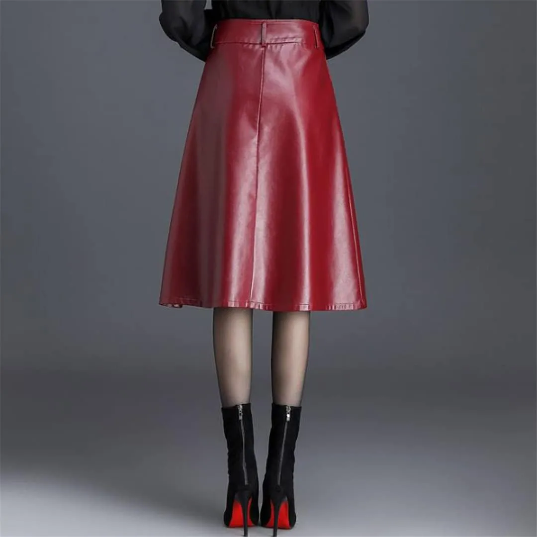 Office Midi Skirts Women Leather Maxi Skirt High Waist Pocket Skirts