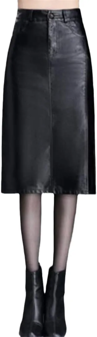 Office Midi Skirts Women Leather Maxi Skirt High Waist Pocket Skirts