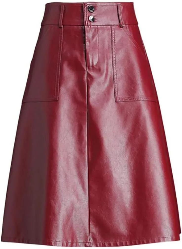 Office Midi Skirts Women Leather Maxi Skirt High Waist Pocket Skirts