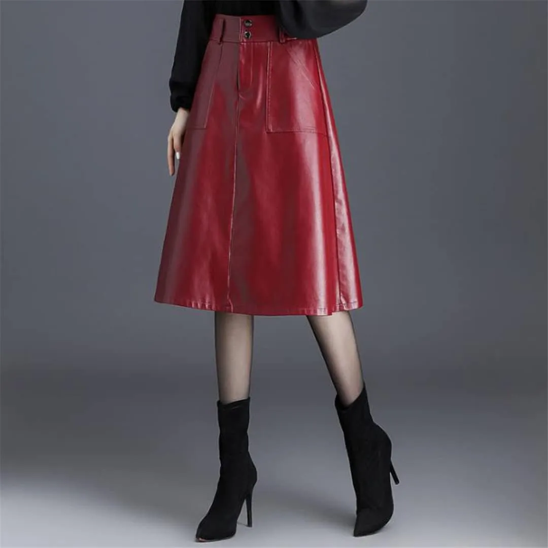 Office Midi Skirts Women Leather Maxi Skirt High Waist Pocket Skirts