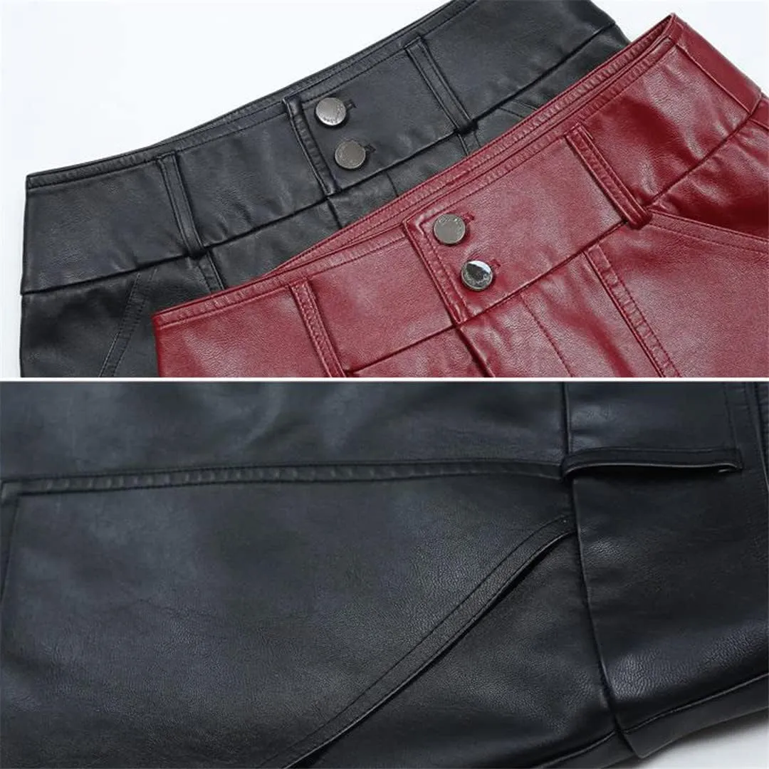 Office Midi Skirts Women Leather Maxi Skirt High Waist Pocket Skirts