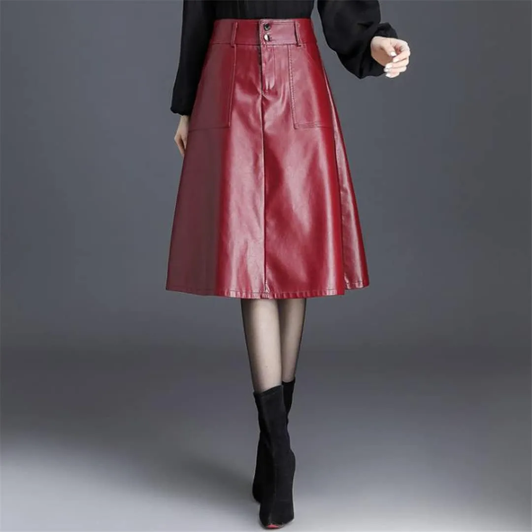 Office Midi Skirts Women Leather Maxi Skirt High Waist Pocket Skirts