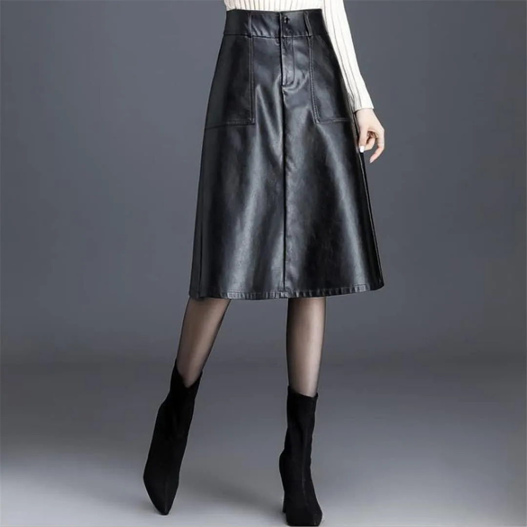 Office Midi Skirts Women Leather Maxi Skirt High Waist Pocket Skirts