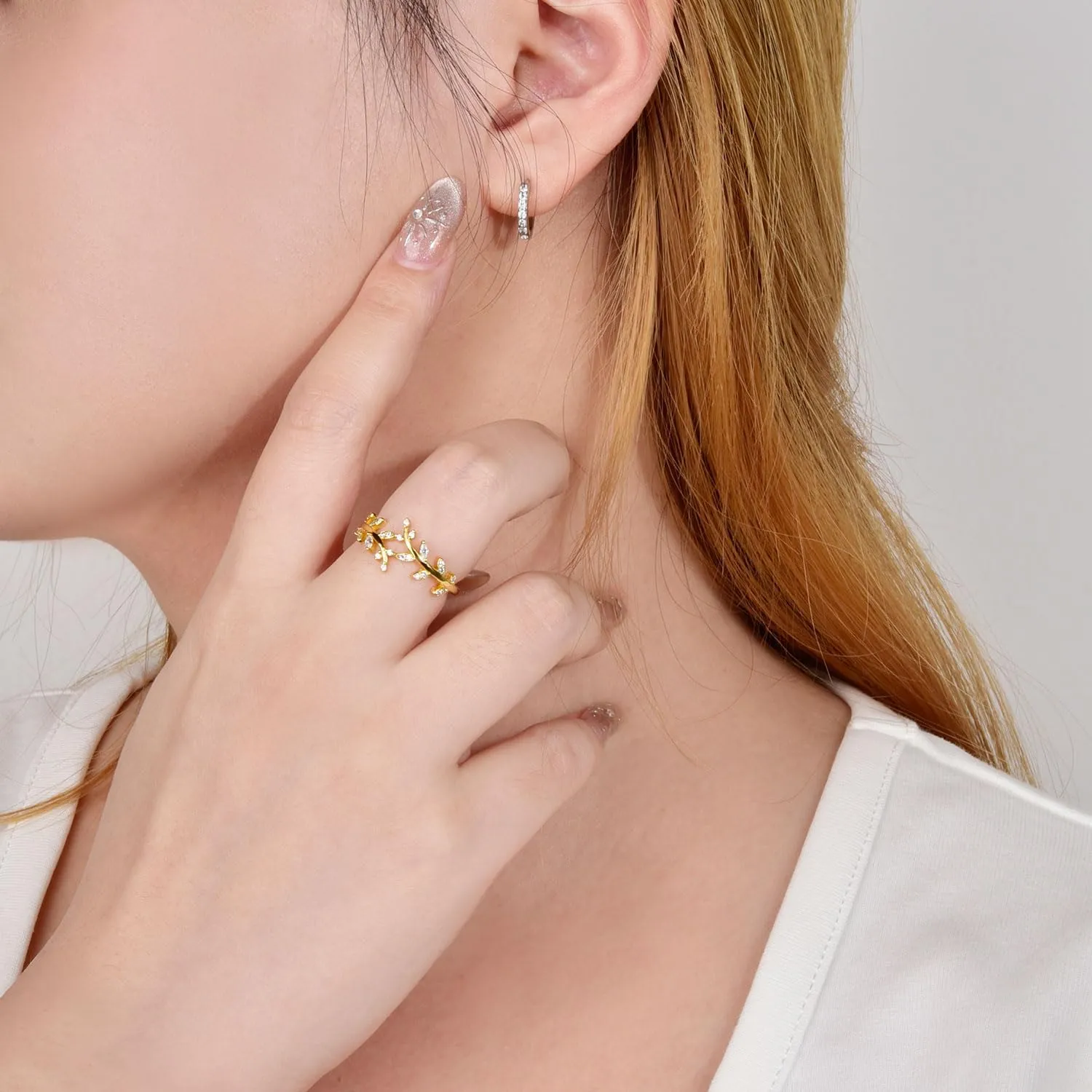 Olive Branch Ring for Women 925 Sterling Silver 14K Gold plated thin Paved CZ Cubic Zirconia Thumb Pinky Wrap Around leaf Ring Promise Stackbale Band Size 5-10