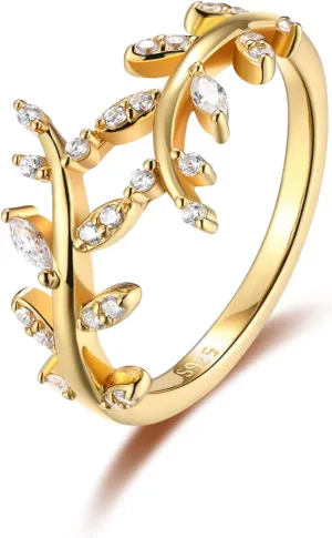 Olive Branch Ring for Women 925 Sterling Silver 14K Gold plated thin Paved CZ Cubic Zirconia Thumb Pinky Wrap Around leaf Ring Promise Stackbale Band Size 5-10