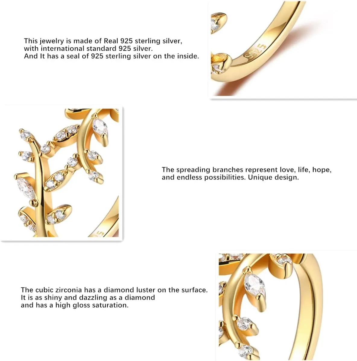 Olive Branch Ring for Women 925 Sterling Silver 14K Gold plated thin Paved CZ Cubic Zirconia Thumb Pinky Wrap Around leaf Ring Promise Stackbale Band Size 5-10
