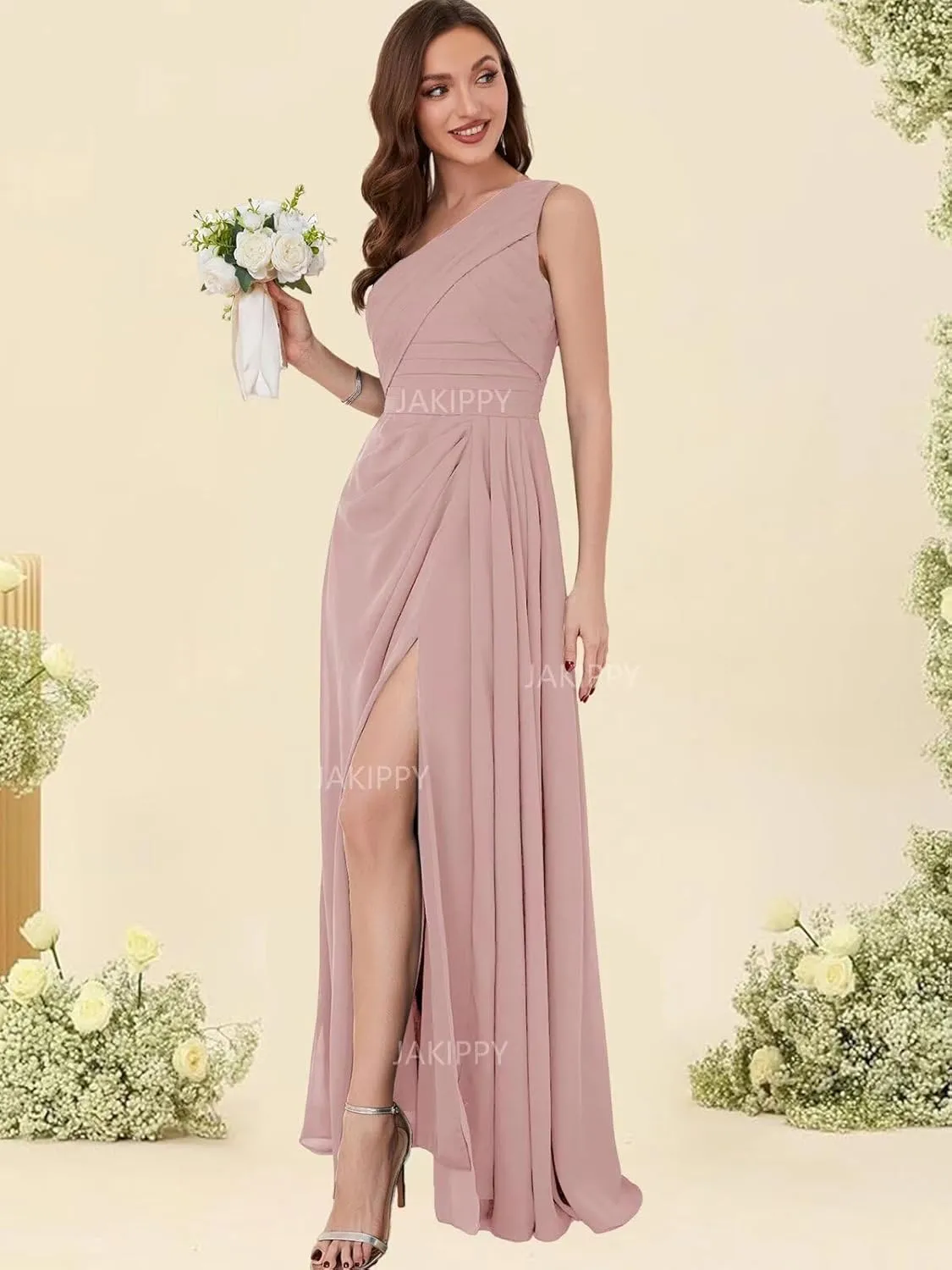 One Shoulder Bridesmaid Dresses for Wedding Long Slit Chiffon Pleated Zipper Back Formal Evening Gown