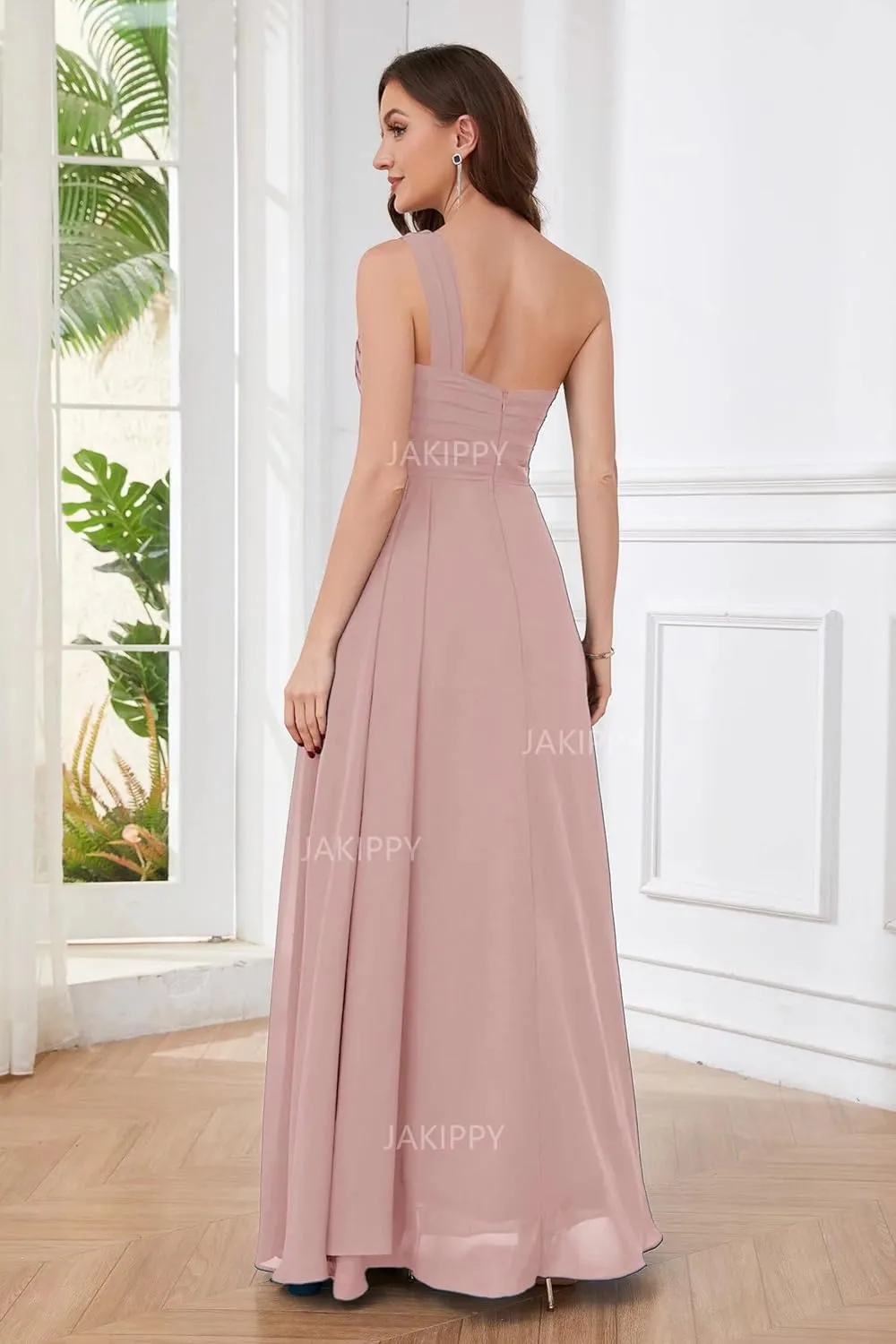 One Shoulder Bridesmaid Dresses for Wedding Long Slit Chiffon Pleated Zipper Back Formal Evening Gown