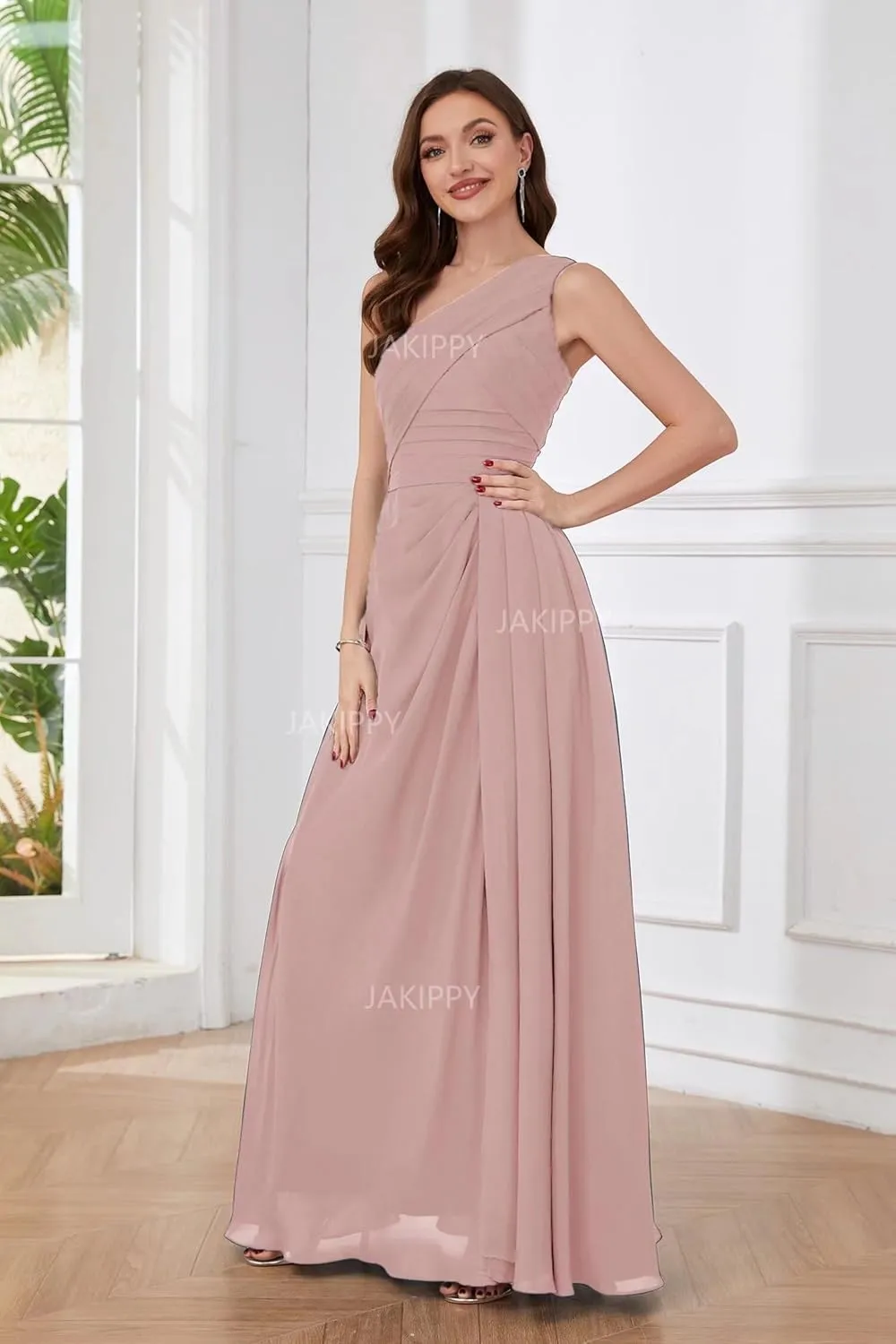 One Shoulder Bridesmaid Dresses for Wedding Long Slit Chiffon Pleated Zipper Back Formal Evening Gown