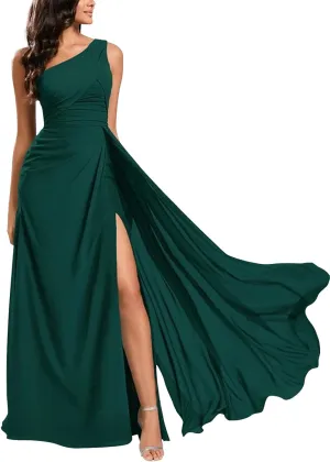 One Shoulder Bridesmaid Dresses for Wedding Long Slit Chiffon Pleated Zipper Back Formal Evening Gown