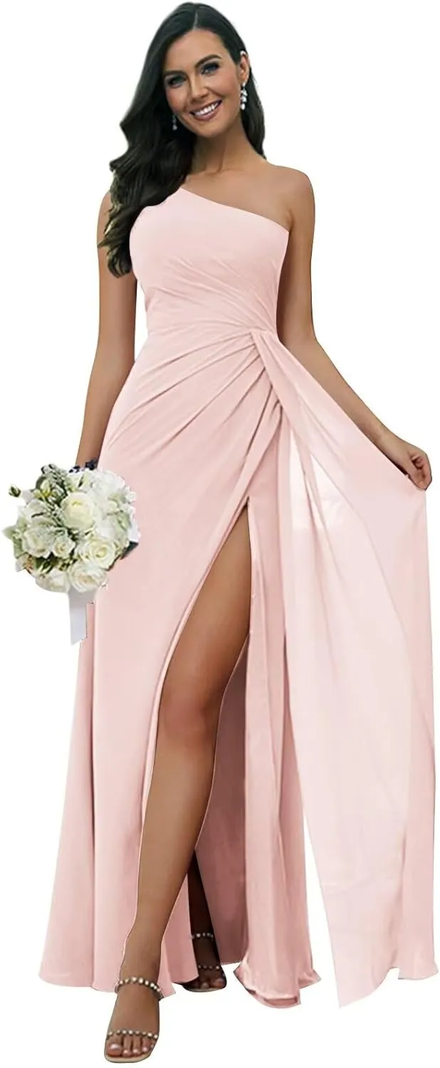 One Shoulder Bridesmaid Dresses for Women with Slit Chiffon Formal Wedding Guest Dresses Long Party Gown