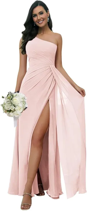 One Shoulder Bridesmaid Dresses for Women with Slit Chiffon Formal Wedding Guest Dresses Long Party Gown