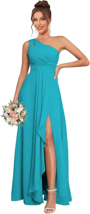 One Shoulder Bridesmaid Dresses for Women with Slit Pleated Chiffon Ruffle Formal Evening Gown Long