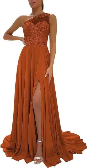 One Shoulder Laces Bridesmaid Dresses for Wedding Long A-Line Chiffon Formal Evening Party Gown with Slit