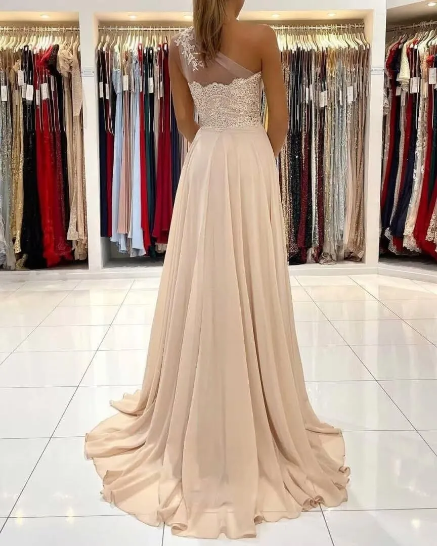 One Shoulder Laces Bridesmaid Dresses for Wedding Long A-Line Chiffon Formal Evening Party Gown with Slit