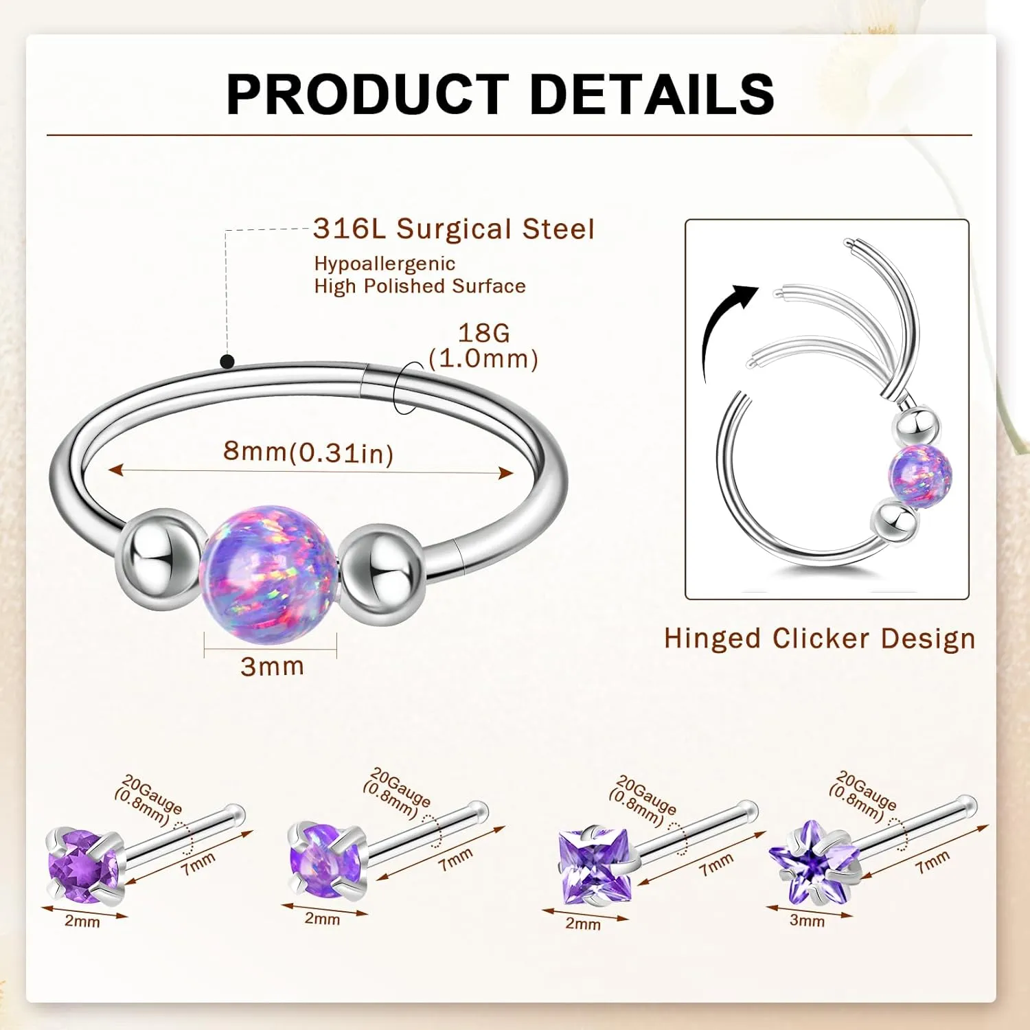 ONESING 5Pcs Nose Rings for Women, 20G Nose Rings Studs and 18G Nose Hoops Hypoallergenic Stainless Steel Nose Piercings Jewelry Silver Nose Jewelry Septum Helix Cartilage Lip Body Piercings for Women Men