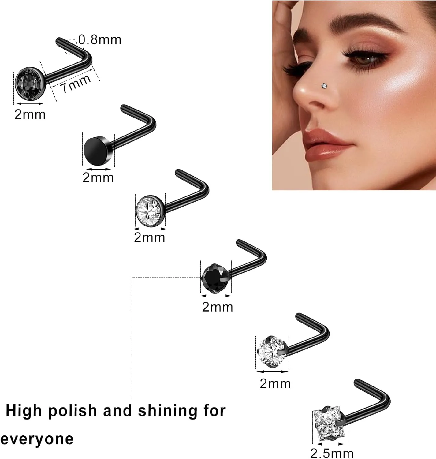 ONESING 9-40 Pcs Nose Rings - Hoops, Studs & L Shape - Hypoallergenic Stainless Steel Nose Piercings for Women & Men