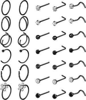ONESING 9-40 Pcs Nose Rings - Hoops, Studs & L Shape - Hypoallergenic Stainless Steel Nose Piercings for Women & Men