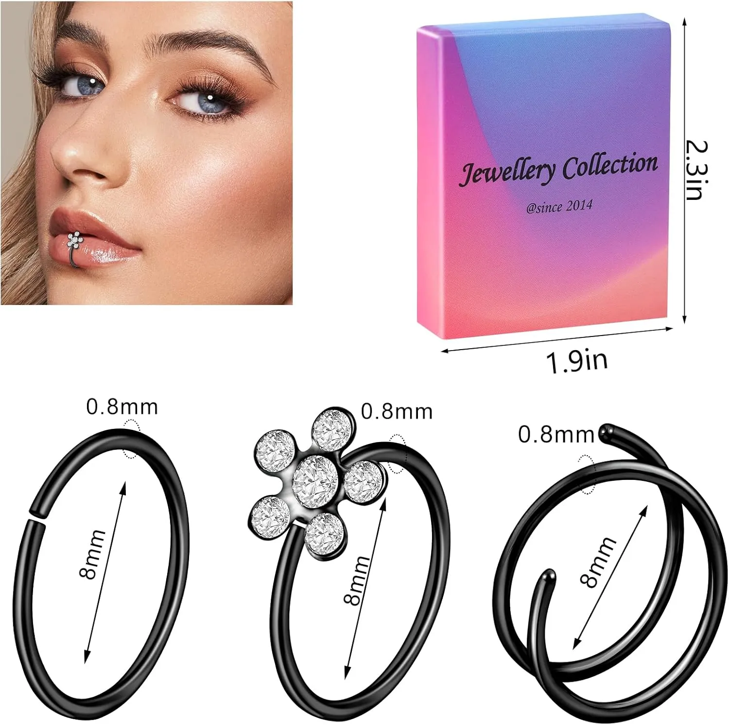 ONESING 9-40 Pcs Nose Rings - Hoops, Studs & L Shape - Hypoallergenic Stainless Steel Nose Piercings for Women & Men