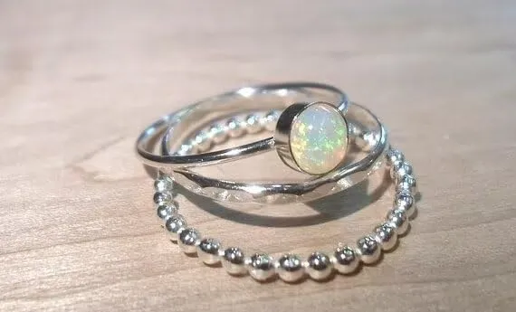 Opal Trio Ring Set for Women, Elegant Couple Stackable Rings, Australian Opal Jewelry Gift for Her Round Simulated Cubic Zirconia 925 Sterling Silver Three Piece Bridal Set Size 9