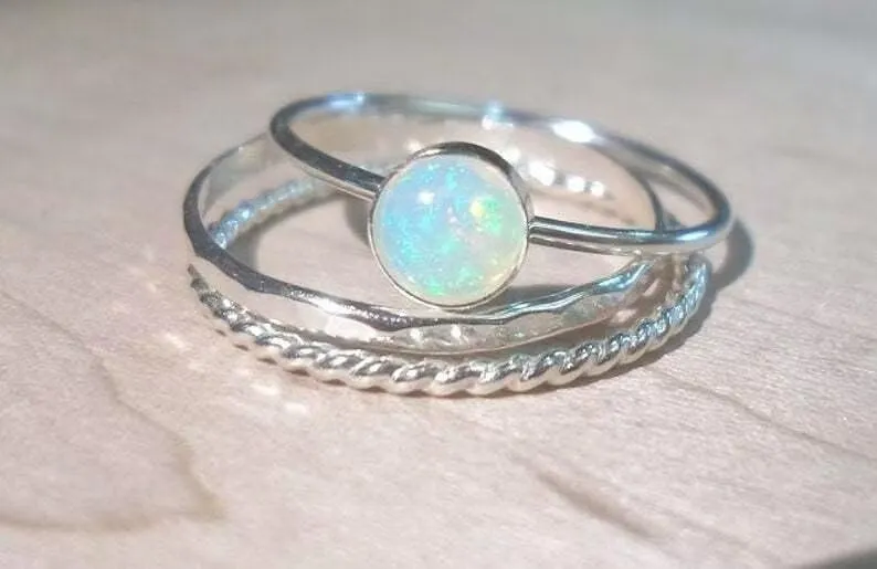 Opal Trio Ring Set for Women, Elegant Couple Stackable Rings, Australian Opal Jewelry Gift for Her Round Simulated Cubic Zirconia 925 Sterling Silver Three Piece Bridal Set Size 9