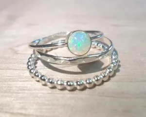 Opal Trio Ring Set for Women, Elegant Couple Stackable Rings, Australian Opal Jewelry Gift for Her Round Simulated Cubic Zirconia 925 Sterling Silver Three Piece Bridal Set Size 9