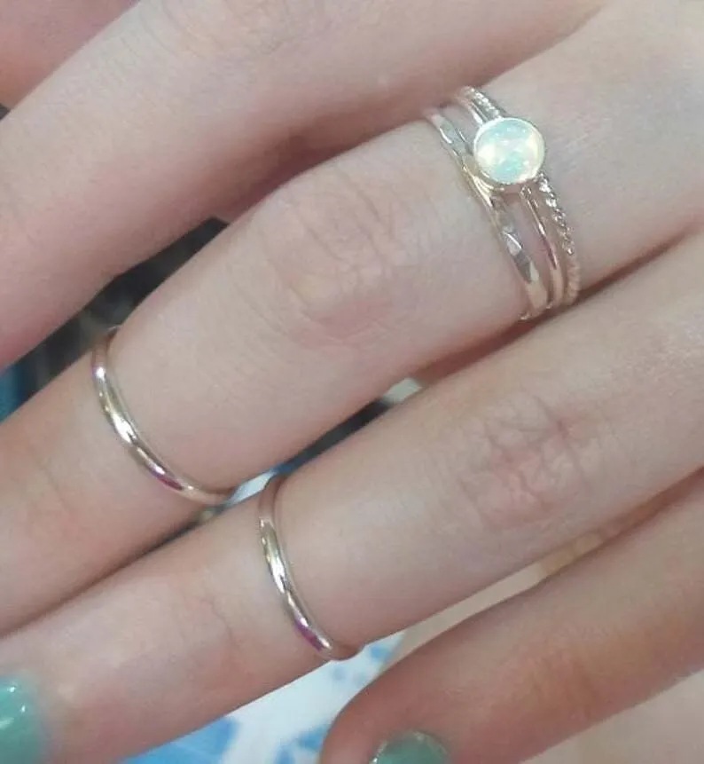 Opal Trio Ring Set for Women, Elegant Couple Stackable Rings, Australian Opal Jewelry Gift for Her Round Simulated Cubic Zirconia 925 Sterling Silver Three Piece Bridal Set Size 9