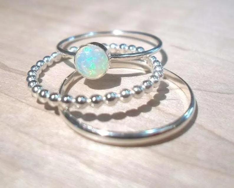 Opal Trio Ring Set for Women, Elegant Couple Stackable Rings, Australian Opal Jewelry Gift for Her Round Simulated Cubic Zirconia 925 Sterling Silver Three Piece Bridal Set Size 9
