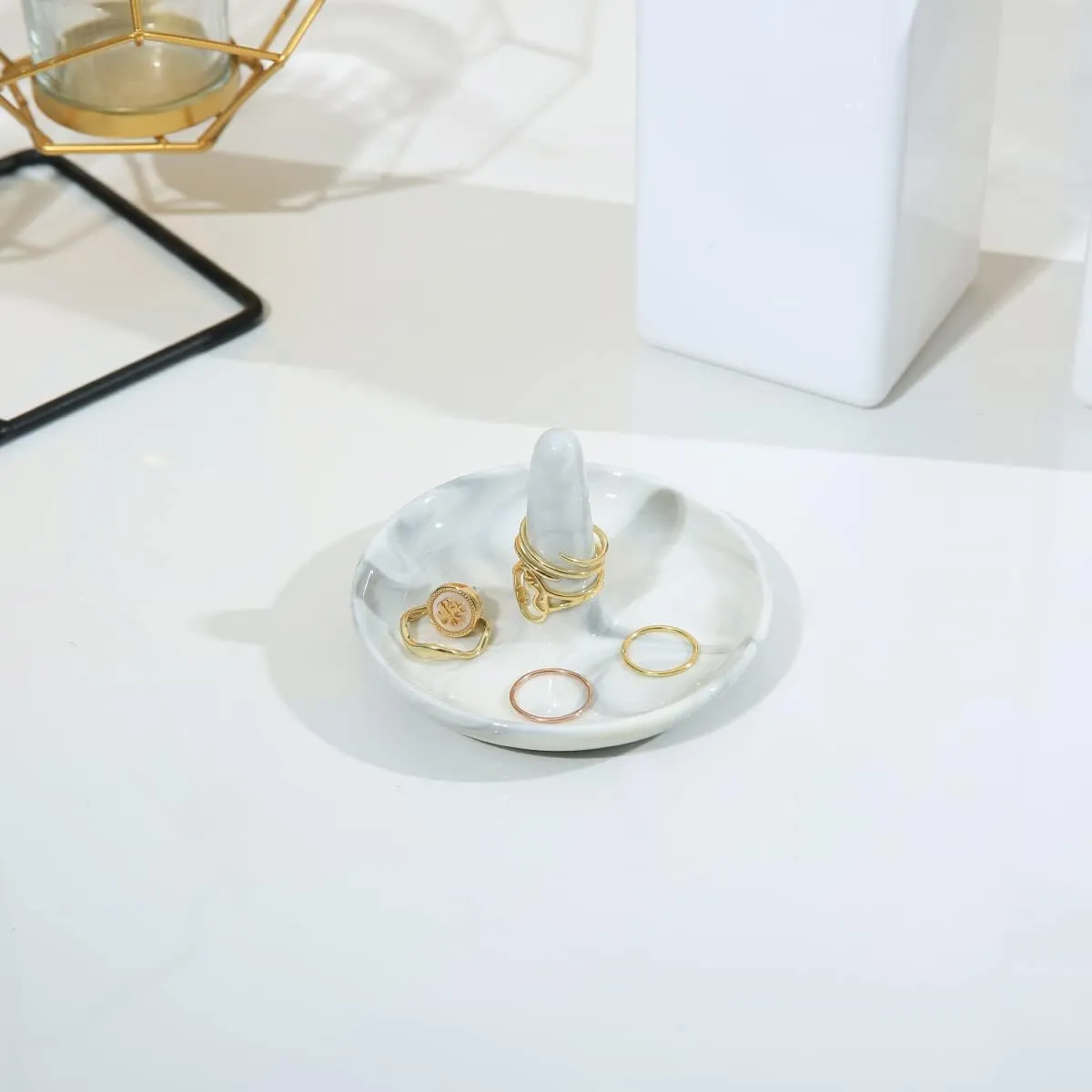 oskas Marble Ring Dish Holder,Decorative Porcelain Trinket Jewelry Dish Tray for Rings Earrings Necklaces,4 inch,Engagement Wedding Birthday Mother's Day Christmas Gift