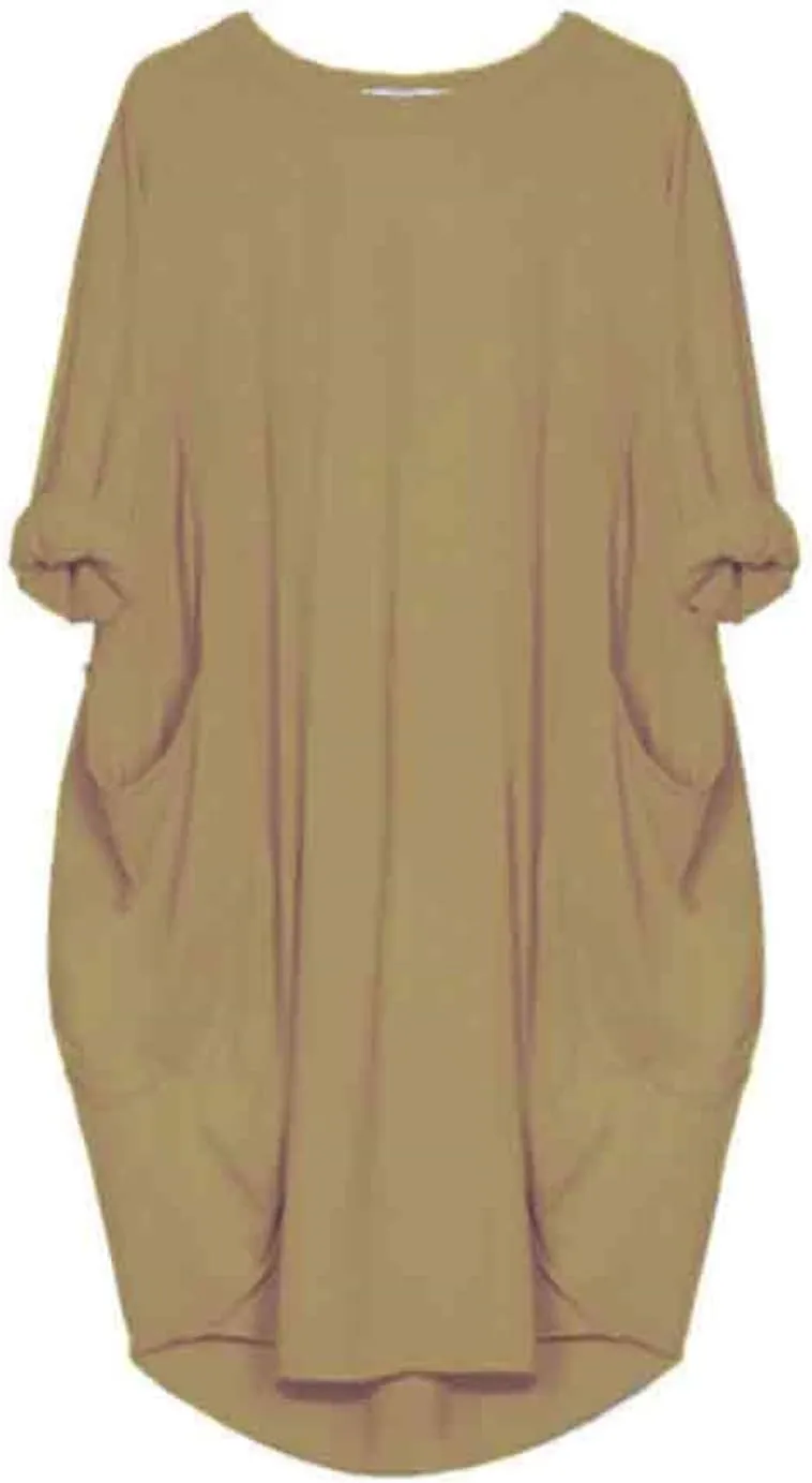 Oversize T-Shirts for Women with Pockets Fashion Summer Baggy Long Sleeve T Shirt Solid Basic Tees Top Beach Mini Dress