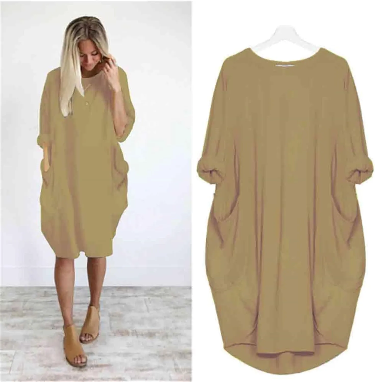 Oversize T-Shirts for Women with Pockets Fashion Summer Baggy Long Sleeve T Shirt Solid Basic Tees Top Beach Mini Dress